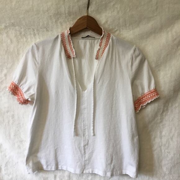 Zara White with Orange Trim Peasant Top - Picture 1 of 9